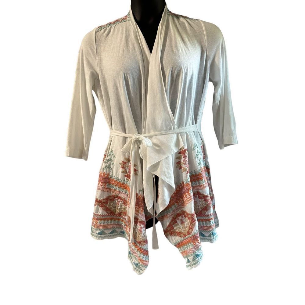 Johnny Was Women's Embroidered Aztec Self-Tie Waist Wrap Cover Up White 🛑